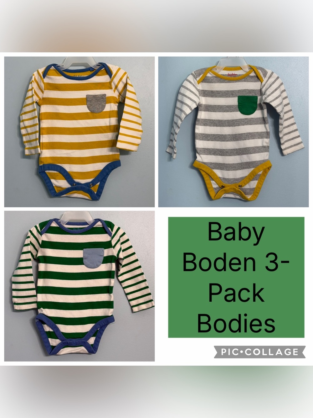 Baby Boden 6-9 Mo 3-Pack Striped Long Sleeve Bodysuits